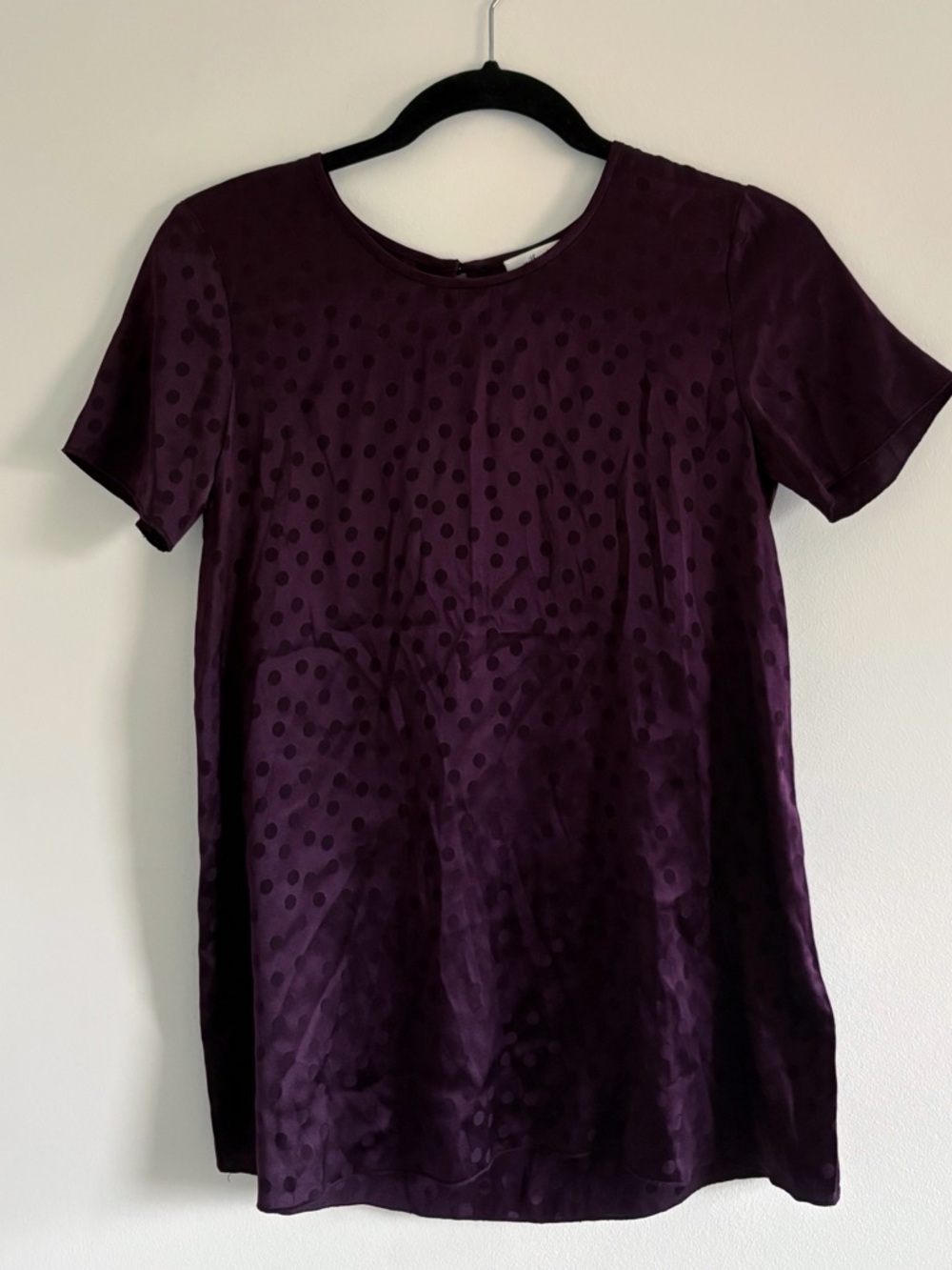 Wilfred by Aritzia silk Cypres top sz XXS Deep Plum Polka-Dot Short Sleeve Top